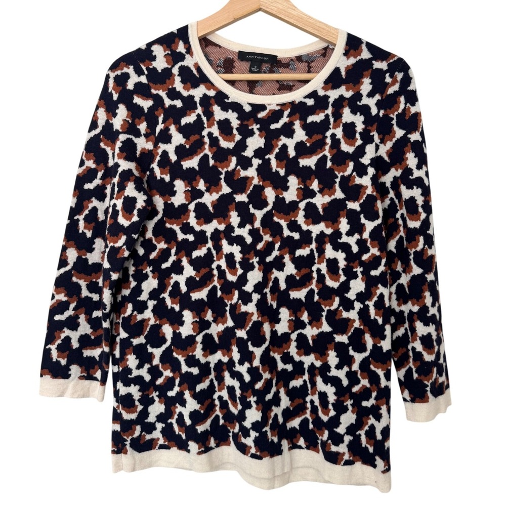 Ann Taylor Leopard Print 3/4 Sleeve Sweater Wool Blend Navy Blue Size Small